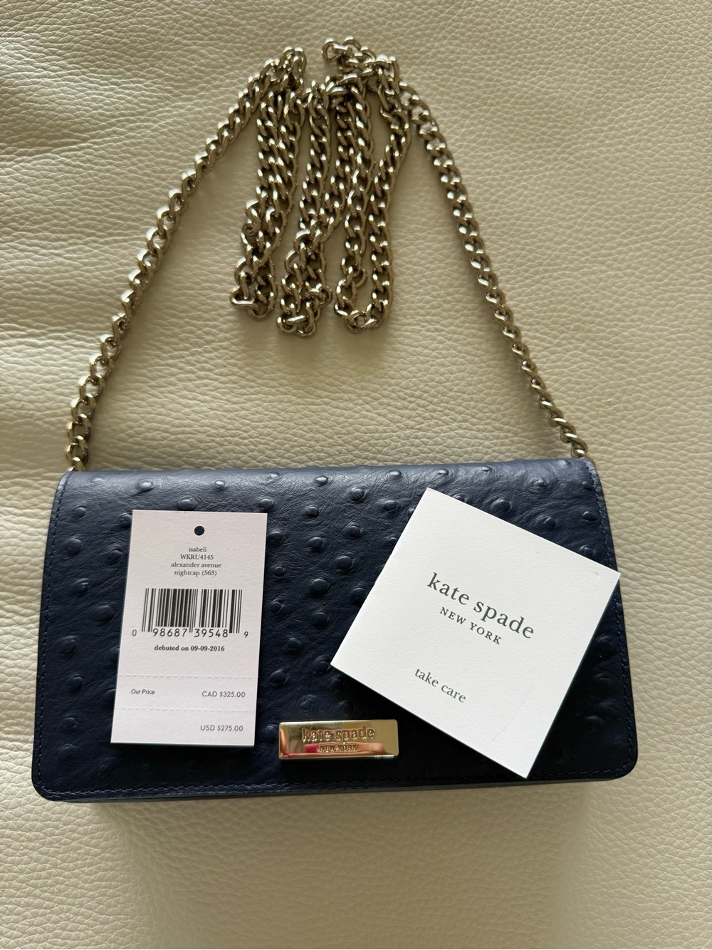 Kate Spade Alexander Avenue Navy ostrich-embossed crossbody with gold chain